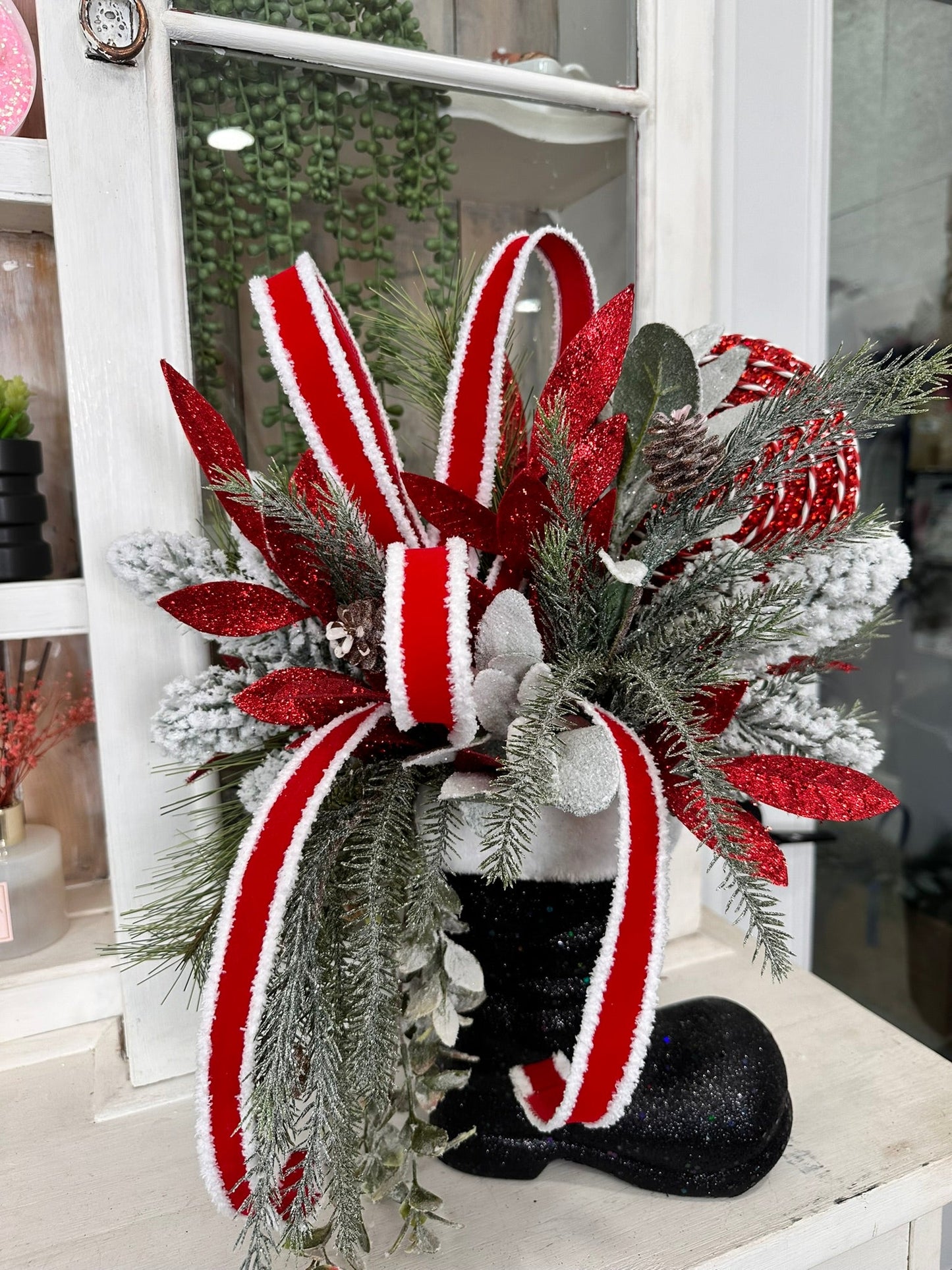Festive Santa Boot Christmas Centerpiece | 25" x 16" Holiday Arrangement with Artificial Pine, Lollipops, and Glitter Accents