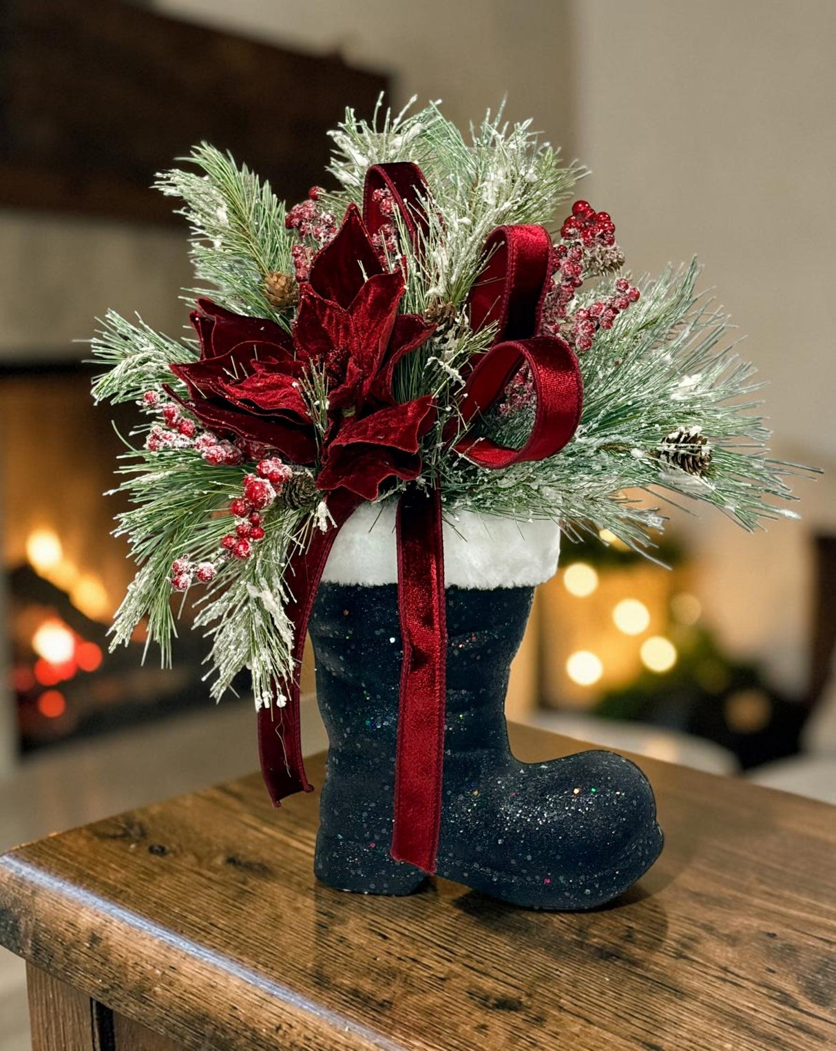 Burgundy Poinsettia Pine Santa Boot Arrangement – 20" Elegant Holiday Floral Decor TCT Crafts