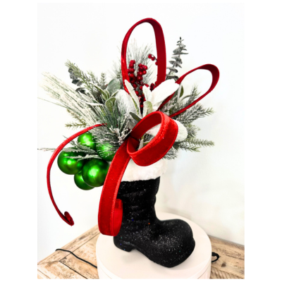 Festive Santa Boot Christmas Centerpiece | 25" x 16" Holiday Arrangement with Artificial Pine & Green Ornament Cluster TCT Crafts