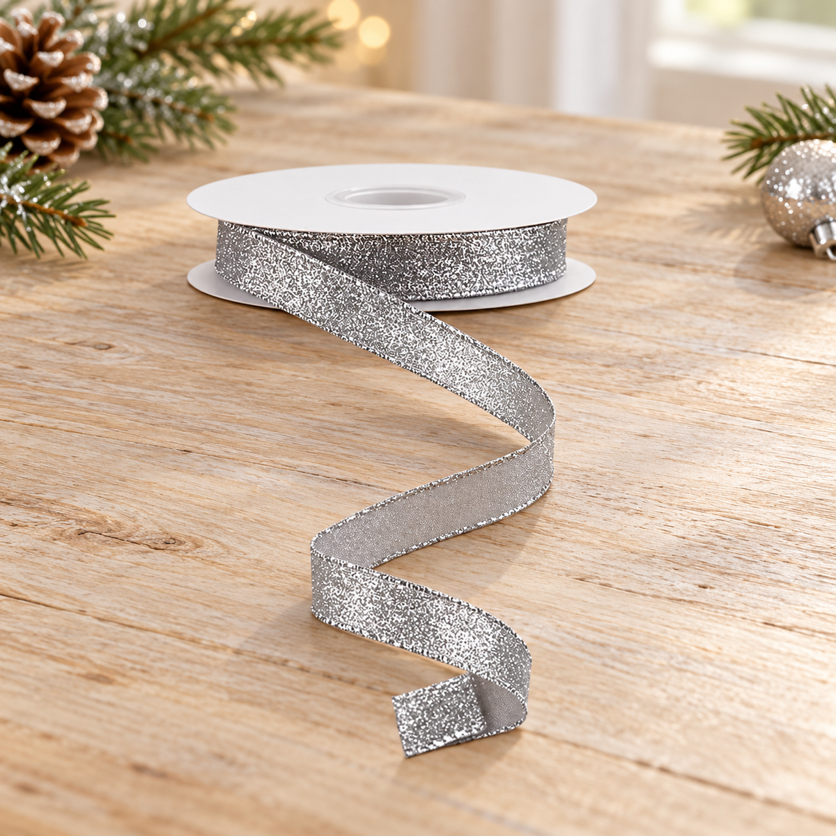 Silver Shimmer Glitter Ribbon | Wired Glitter Christmas Ribbon | 5/8" x 10yd-RGF108926 Craig Bachman