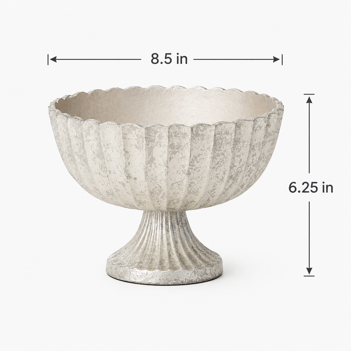 Silver Scalloped Compote Bowl — 8.5 Inch Cast Aluminum Pedestal Floral Container-75756-50 Pioneer Imports