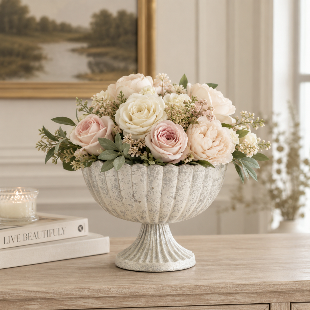 Silver Scalloped Compote Bowl — 8.5 Inch Cast Aluminum Pedestal Floral Container-75756-50 Pioneer Imports