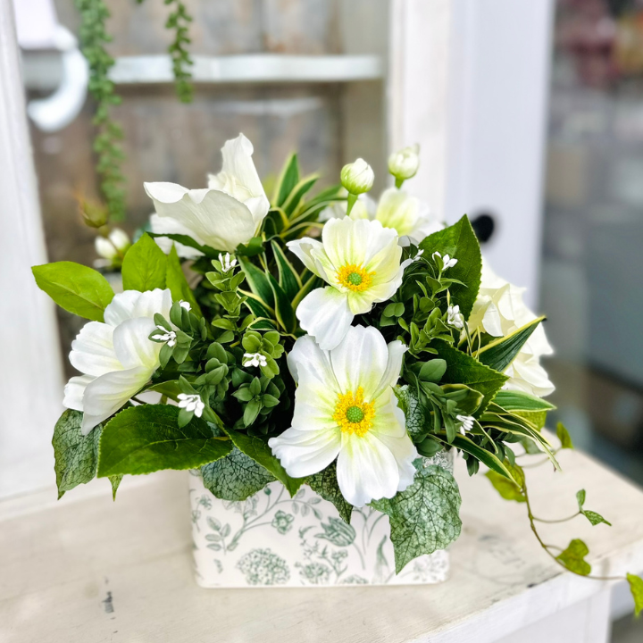 Small Faux Floral Arrangement with Cream Cosmos & Greenery in White Metal Planter
