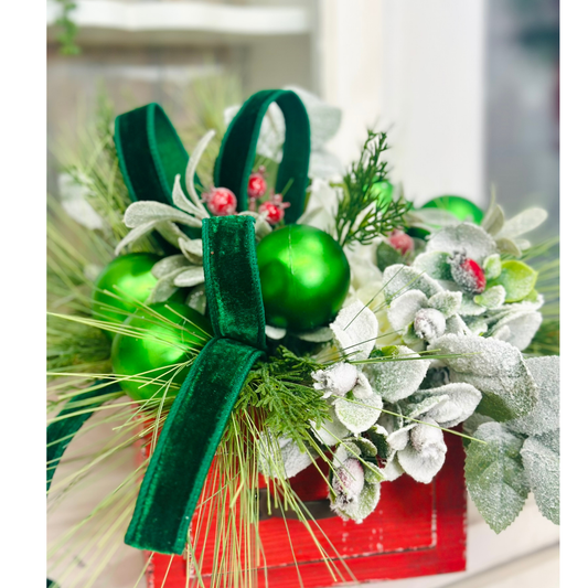 Small Christmas Arrangement in Red Wooden Box – Green Ornaments & Snowy Roses TCT Crafts