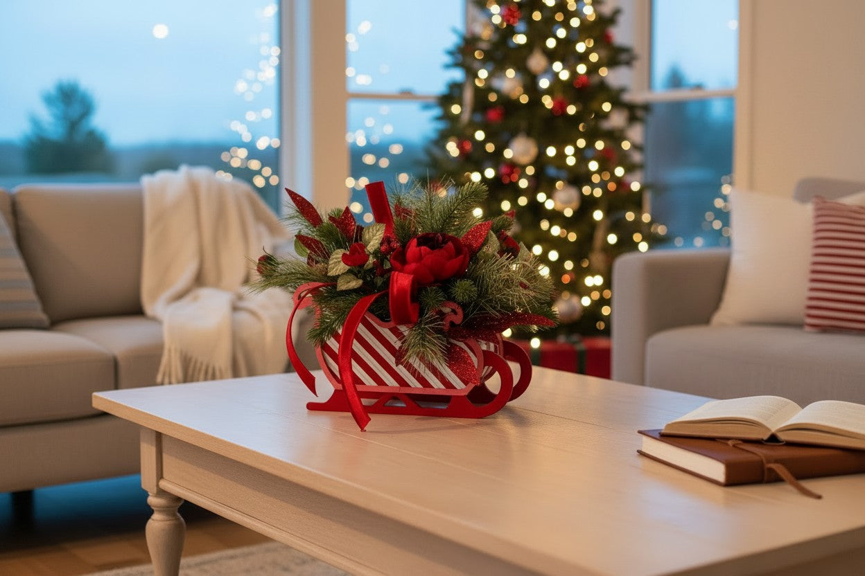 Red Christmas Sleigh Floral Arrangement | Holiday Peony Centerpiece TCT Crafts