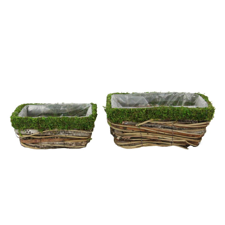 Rustic Bark and Moss Planter Set - Decorative Rectangular Pots for Flowers, Succulents, or Centerpieces - Spring Planter Box (KC2098)