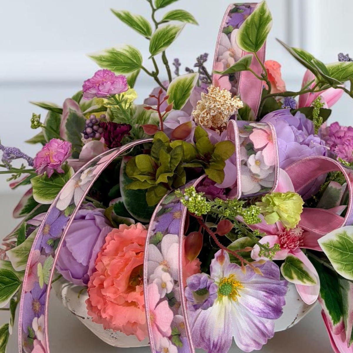 Spring Dough Bowl Floral Arrangement – Pink & Lavender Centerpiece TCT Crafts
