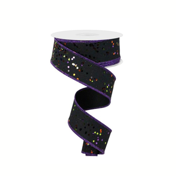 1.5"x10yd Black Halloween Glitter Ribbon – Purple, Lime & Orange Wired Ribbon for Crafts & Decor-RGE1253YR
