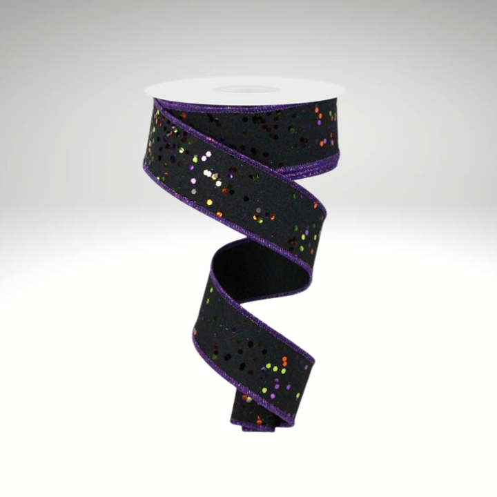 1.5"x10yd Black Halloween Glitter Ribbon – Purple, Lime & Orange Wired Ribbon for Crafts & Decor-RGE1253YR