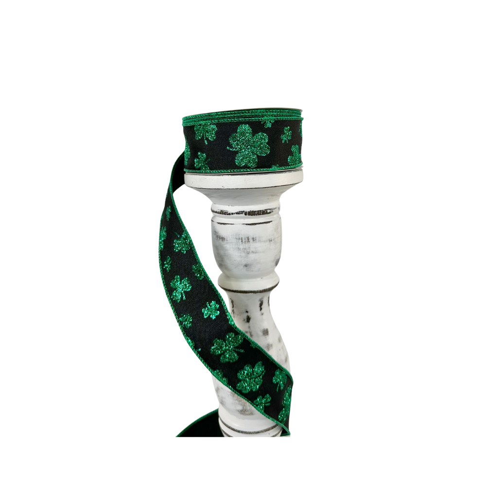 1.5"x10yd Wired Glitter Shamrocks St. Patrick's Day Ribbon - Black/Kelly Green - TCT Crafts - RGE112202 RG Ribbon