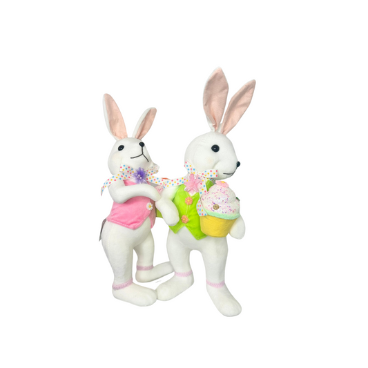 15.25" Set of 2 Styrofoam Standing Bunnies with Cupcake - White and Pastel Spring Decorations- Easter Home Decor (MT26006) Regency