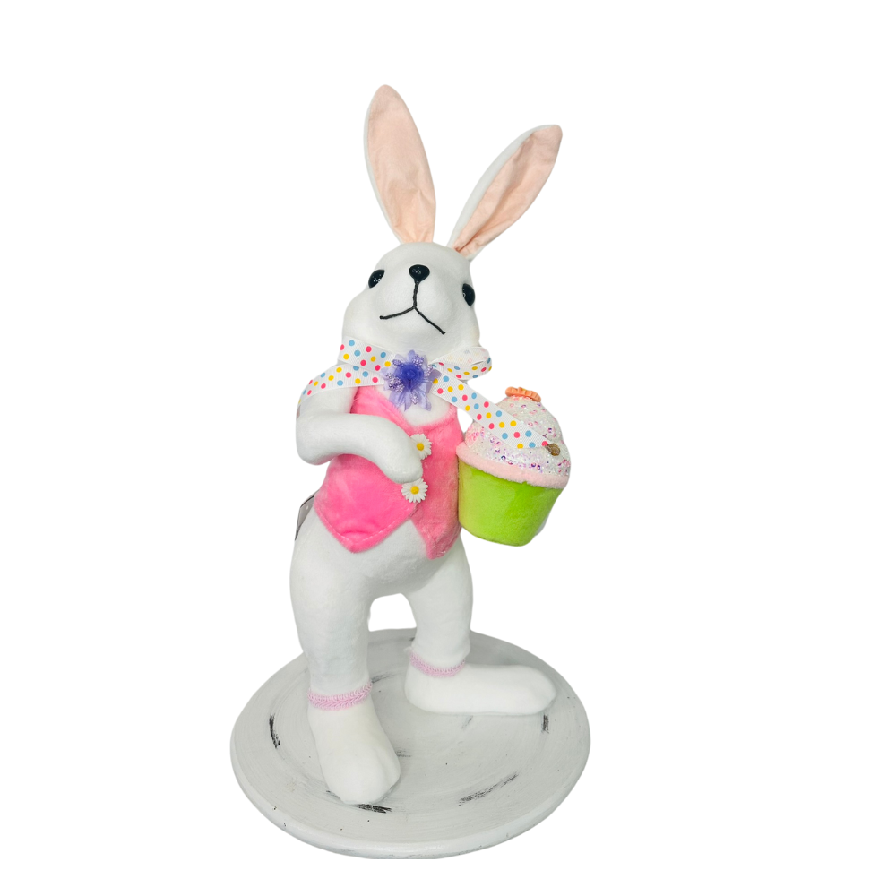 15.25" Set of 2 Styrofoam Standing Bunnies with Cupcake - White and Pastel Spring Decorations- Easter Home Decor (MT26006) Regency