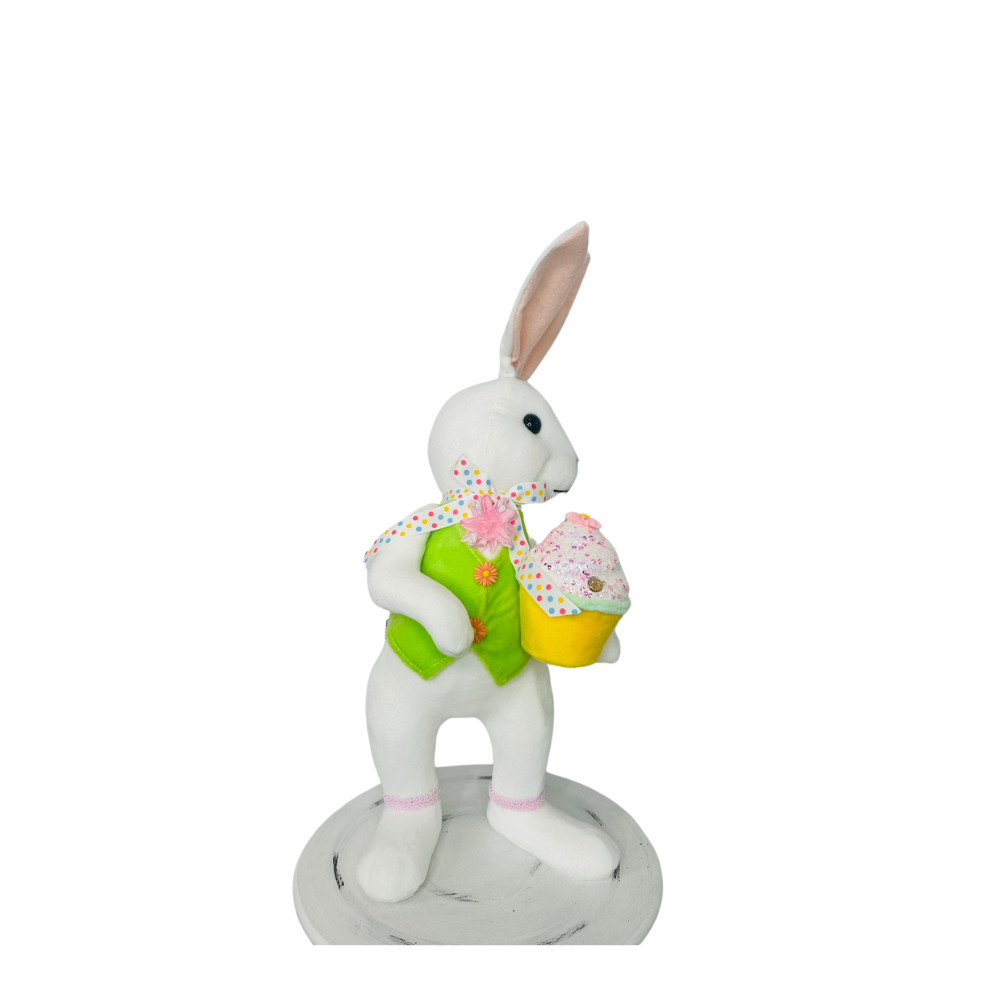 15.25" Set of 2 Styrofoam Standing Bunnies with Cupcake - White and Pastel Spring Decorations- Easter Home Decor (MT26006) Regency