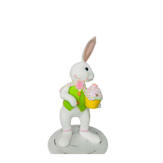 15.25" Set of 2 Styrofoam Standing Bunnies with Cupcake - White and Pastel Spring Decorations- Easter Home Decor (MT26006) Regency
