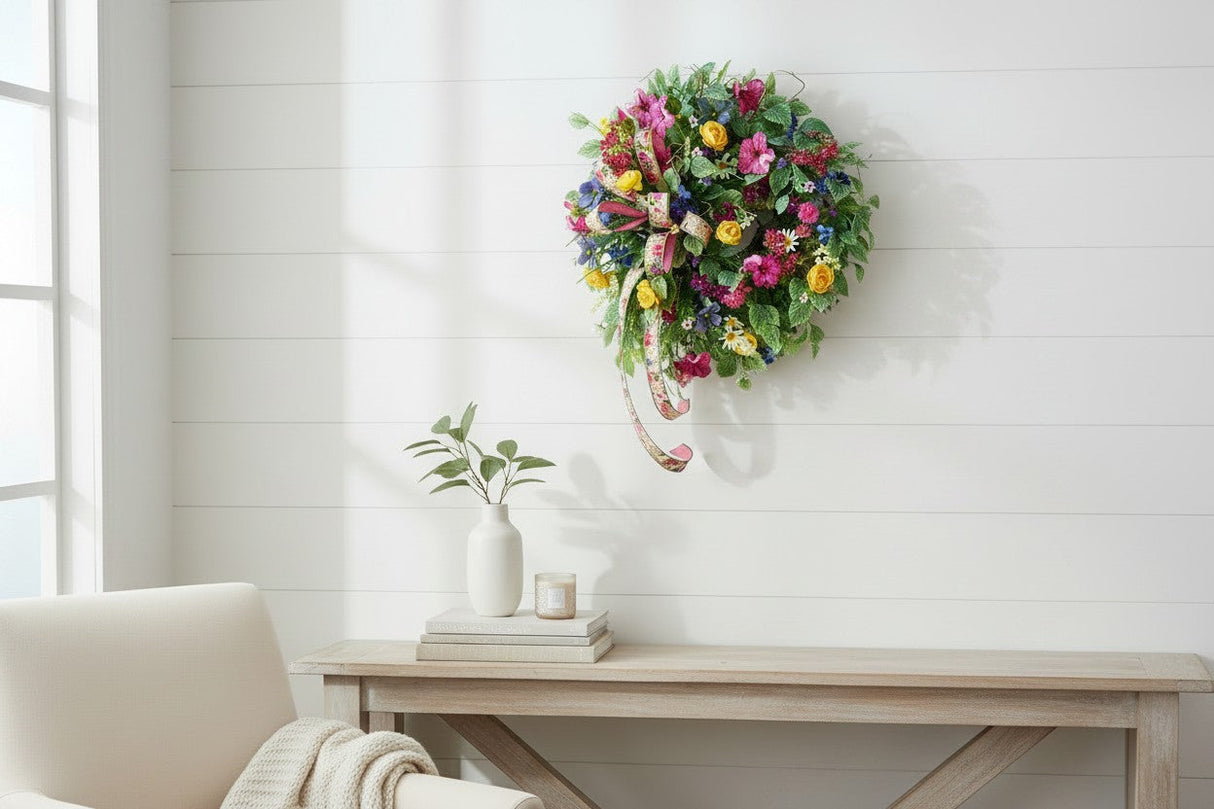 Summer Wildflower Wreath on Grapevine with Daisy Petunia Roses and Ribbon TCT Crafts