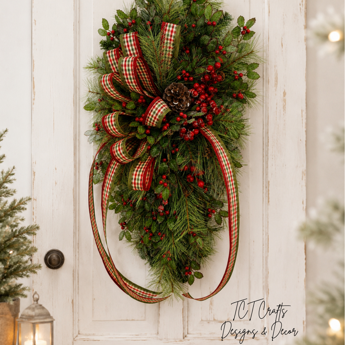 Deluxe Holly Pine Christmas Swag | Red Plaid Ribbon Bow | 36"x20" TCT Crafts