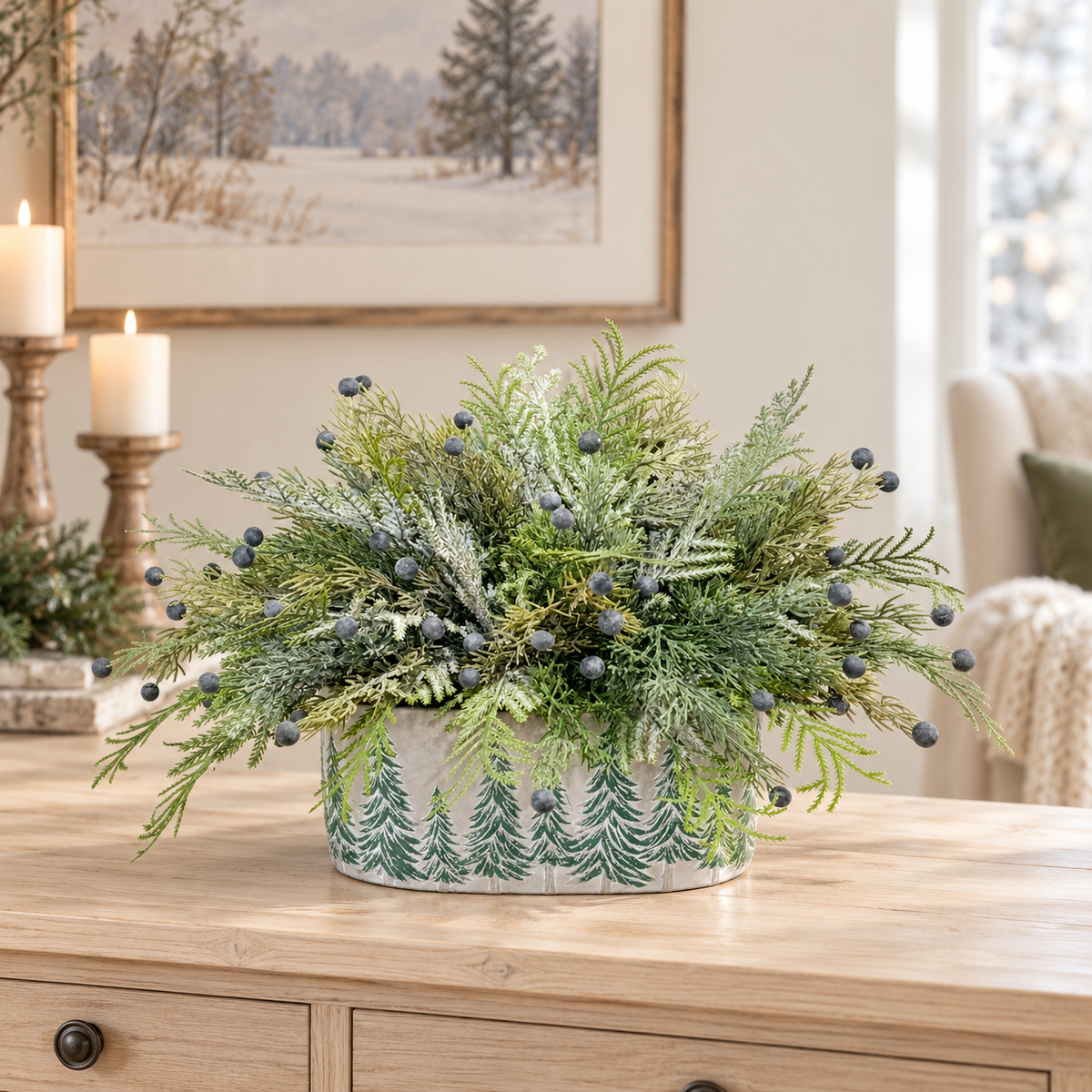 Snowy Fern & Juniper Winter Arrangement in Green Tree Cement Planter-2211 TCT Crafts