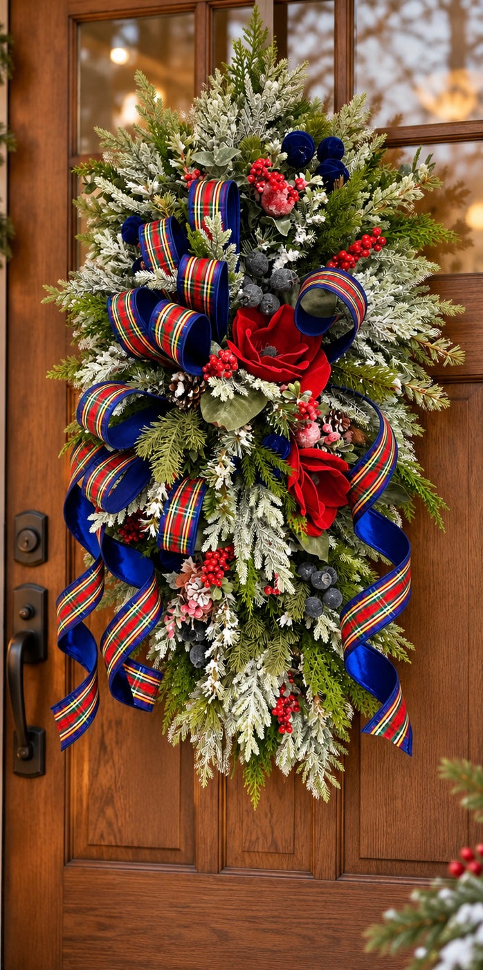 Deluxe Tartan Plaid Holiday Swag | Farrisilk Ribbon Red Blue | 42"Lx24"W-2202 TCT Crafts Designs & Decor
