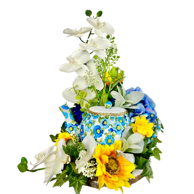 Spring/Summer Tea Pot Floral Arrangement - Blue Hydrangeas & Yellow Sunflowers Decor - Small Mother's Day Flower Arrangement by TCT Crafts