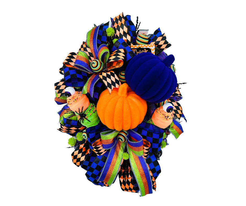 Traditional Halloween Pumpkin Wreath, Vibrant Orange/Purple/Green, Large Flocked Pumpkins & Fun Ice Cream Cones-TCT1640 TCT Crafts