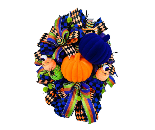 Traditional Halloween Pumpkin Wreath, Vibrant Orange/Purple/Green, Large Flocked Pumpkins & Fun Ice Cream Cones-TCT1640 TCT Crafts