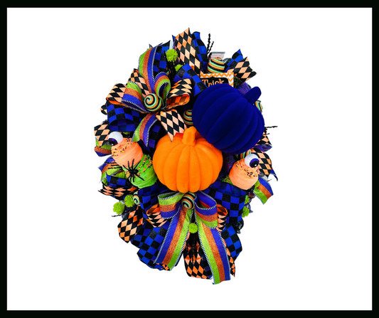 Traditional Halloween Pumpkin Wreath, Vibrant Orange/Purple/Green, Large Flocked Pumpkins & Fun Ice Cream Cones-TCT1640 TCT Crafts