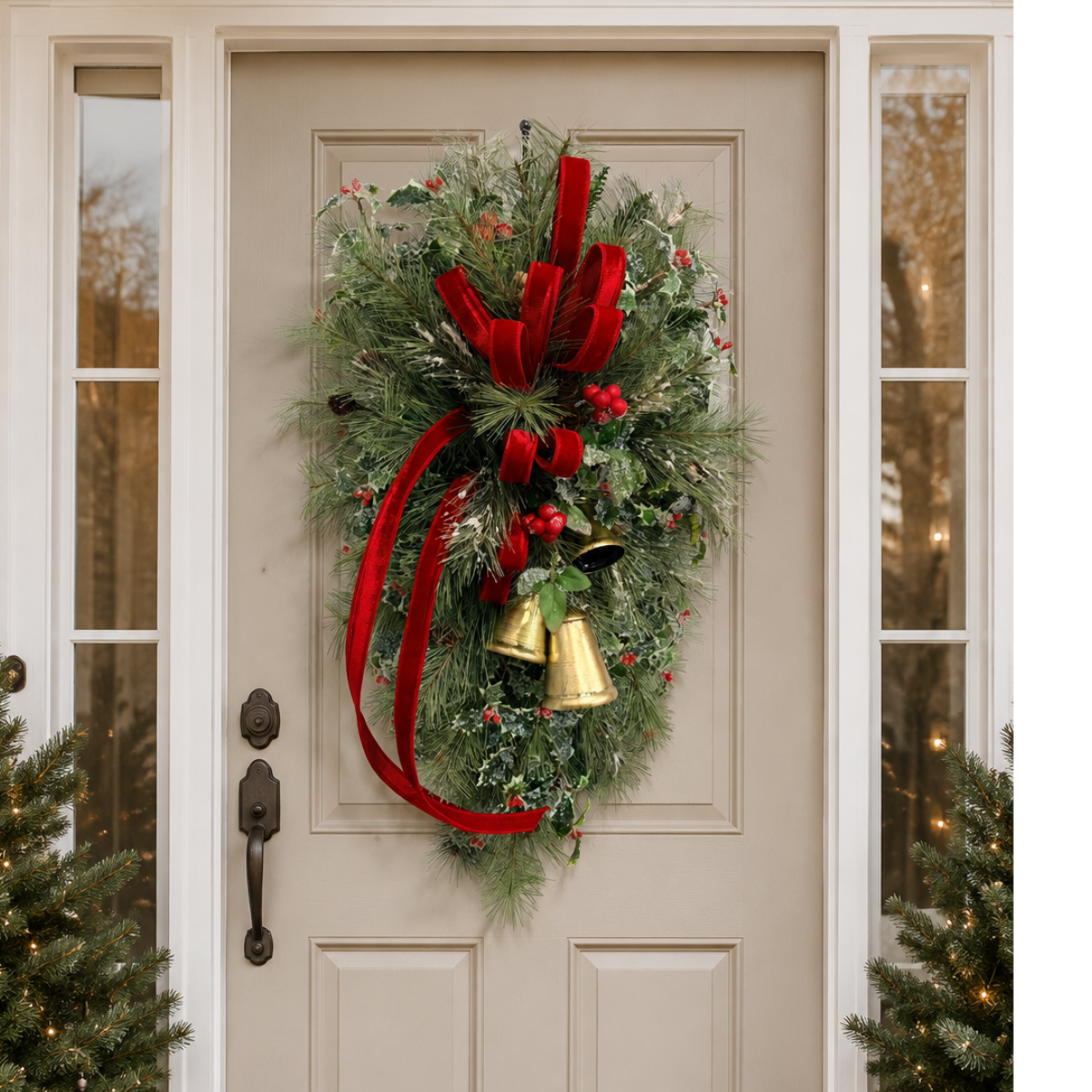 XL Designer Holly & Pine Bell Swag- Rustic Elegant Winter Front Door Decor, 40x25, Christmas Swag with Red Velvet Bow and Bells TCT Crafts