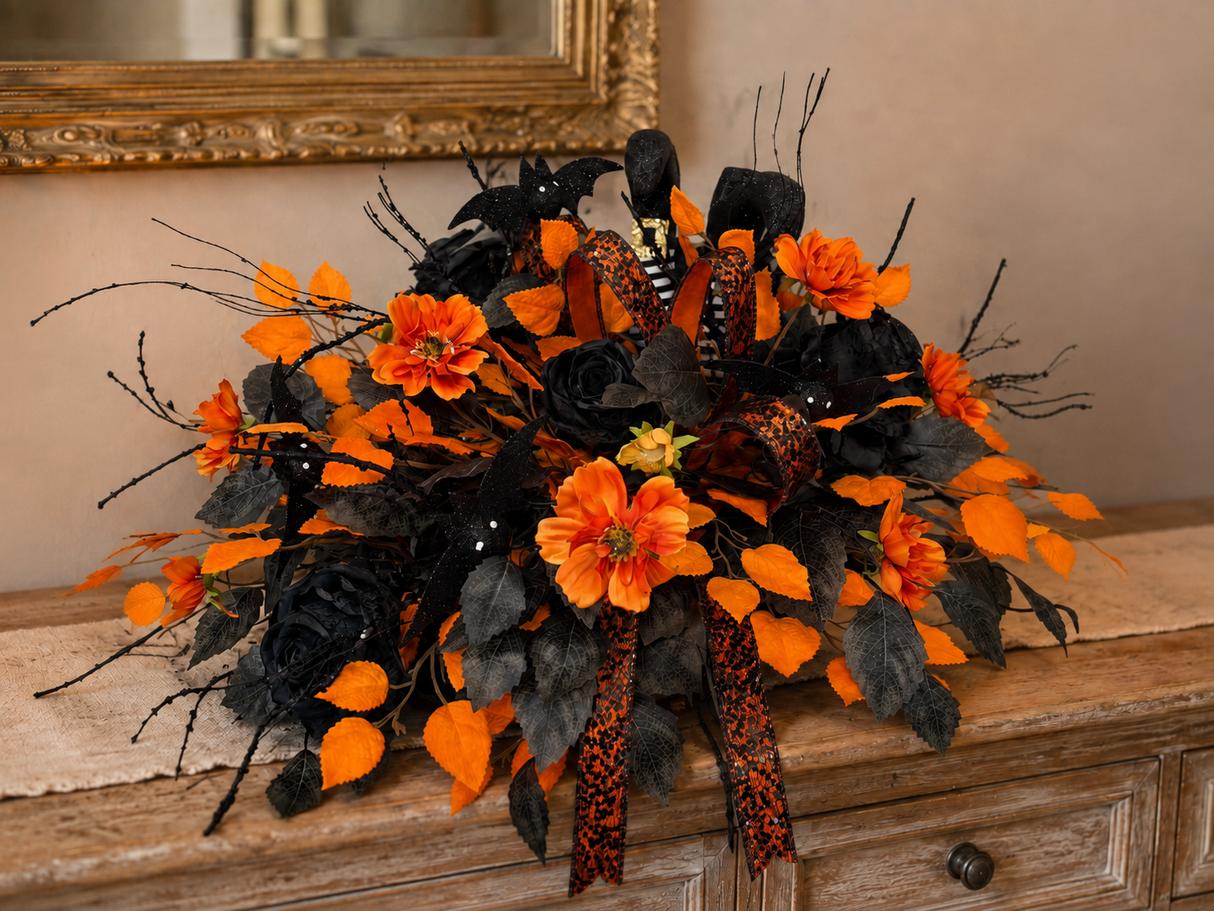 Halloween Witch Legs Centerpiece — 27 Inch Orange Black Bat Rose Arrangement TCT Crafts