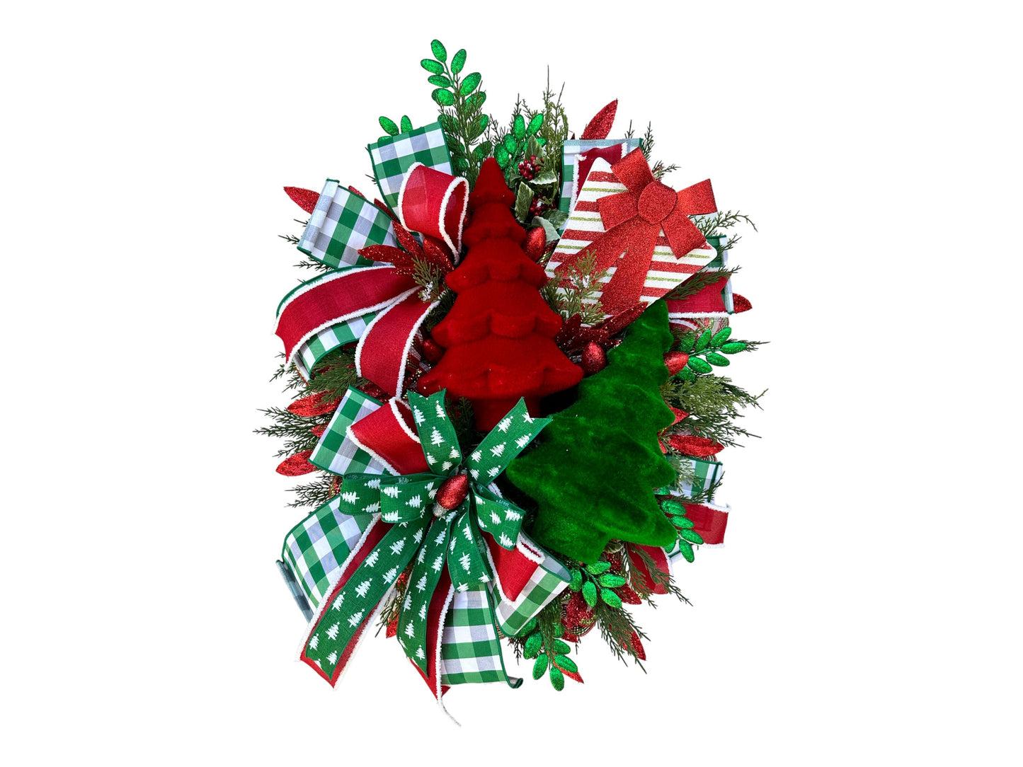 Festive Traditional Red/Green Christmas Tree Wreath - Holiday Decor - Artificial Pine - Glitter Sprays - Cedar Wreath-Red and Green Holiday TCT Crafts