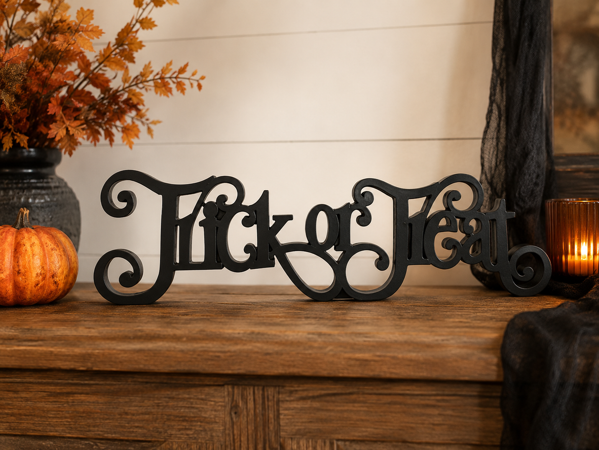 Black Resin Trick or Treat Tabletop Sign — 13.25 Inch Freestanding Halloween Cutout-41499A K & K Interiors