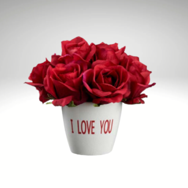 7" Artificial Red Rose Arrangement | "I Love You" Ceramic Vase for Romantic Decor