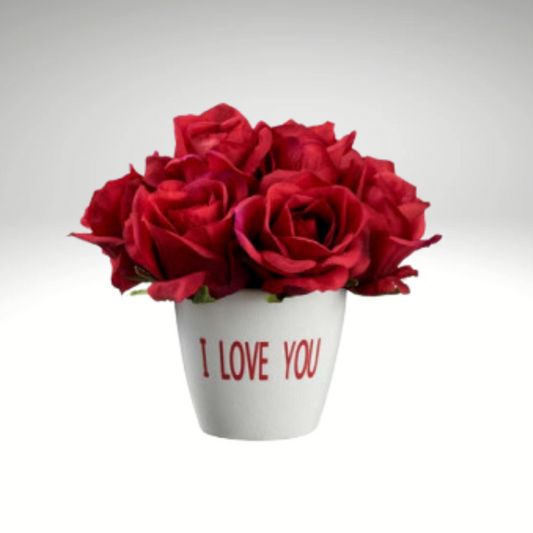 7" Artificial Red Rose Arrangement | "I Love You" Ceramic Vase for Romantic Decor