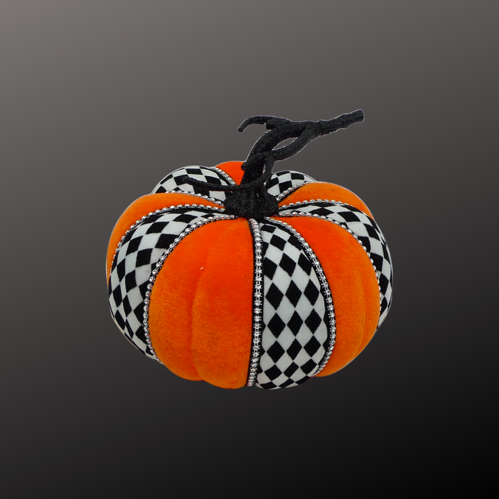 6” Velvet Harlequin Pumpkin – Orange & Black Diamond Halloween Decor with Rhinestone Trim Liberty Floral