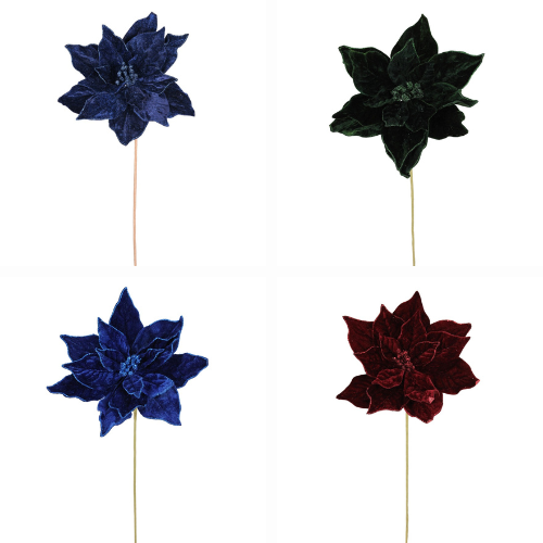 20" Velvet Poinsettia Stems | Holiday Floral Picks | Available in Green, Burgundy, Royal Blue, Midnight Blue