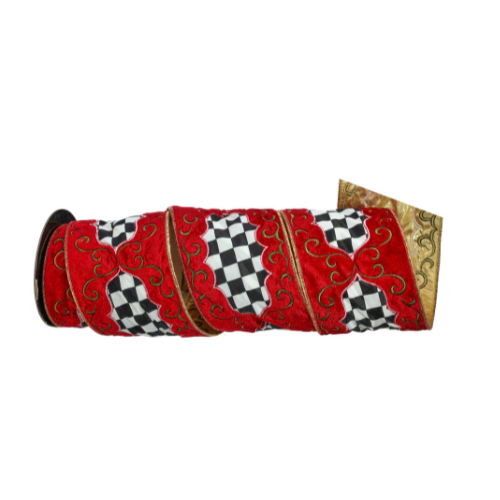 4"x5yd Velvet Scroll with Check Wired Ribbon | Elegant Red & Black Holiday Trim | Designer Christmas Craft Ribbon Regency