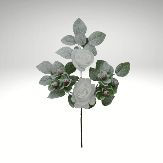 18" White Rose Berry Spray – Flocked Artificial Rose Stem for Holiday Arrangements-83754-WT Golden Bell