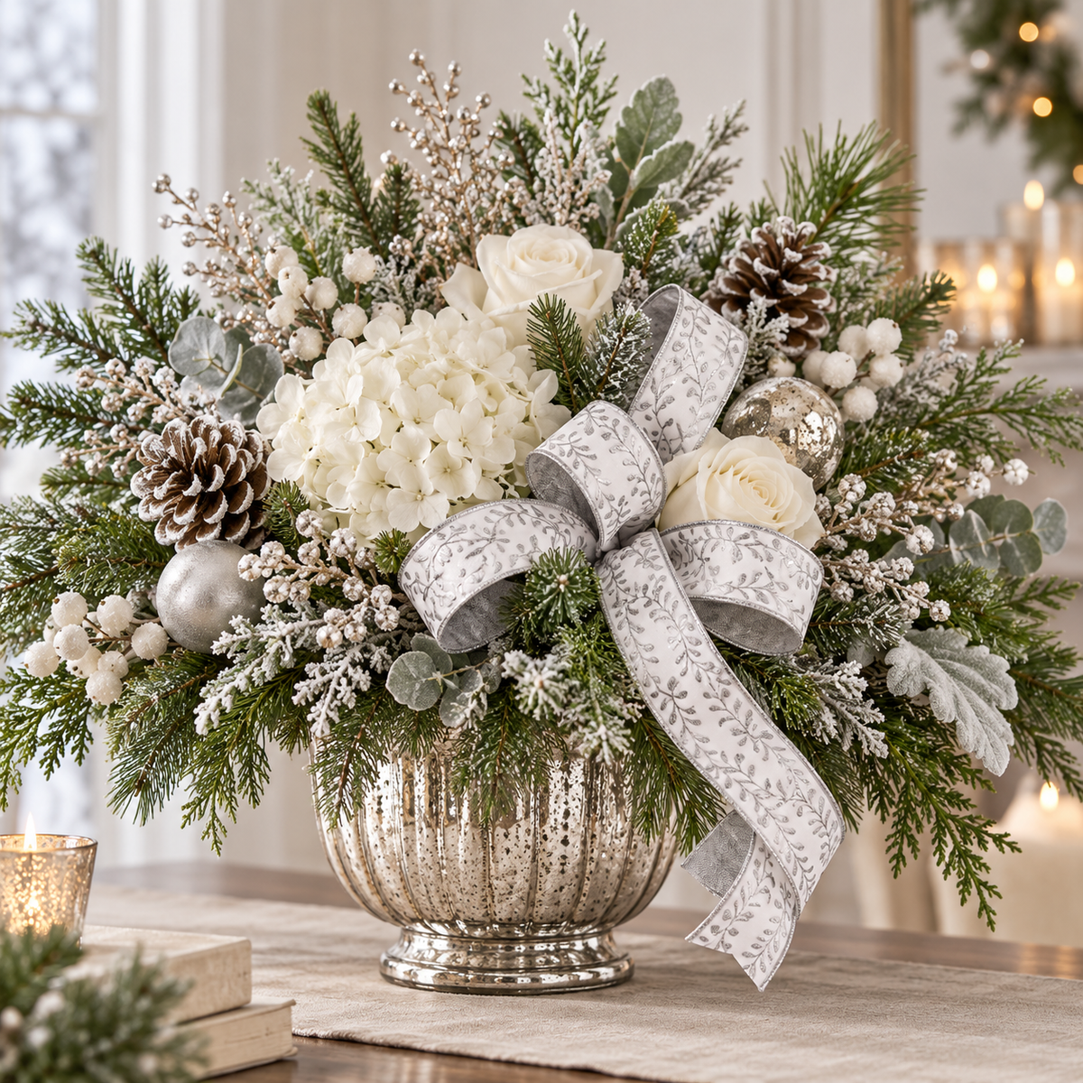D'Lux White Silver Foil Leaf Ribbon | Wired Christmas Wreath Ribbon | 1.5" x 10yd-LX314127 Craig Bachman