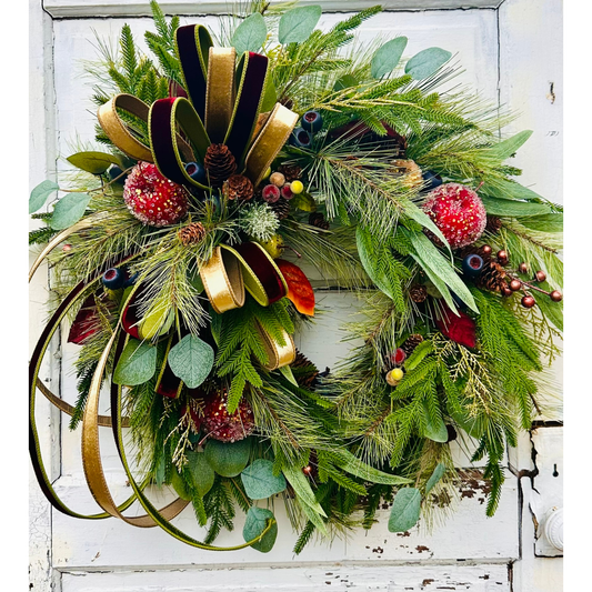 Williamsburg Themed Christmas Wreath – Gold & Burgundy Velvet Ribbon | Elegant Holiday Decor TCT Crafts