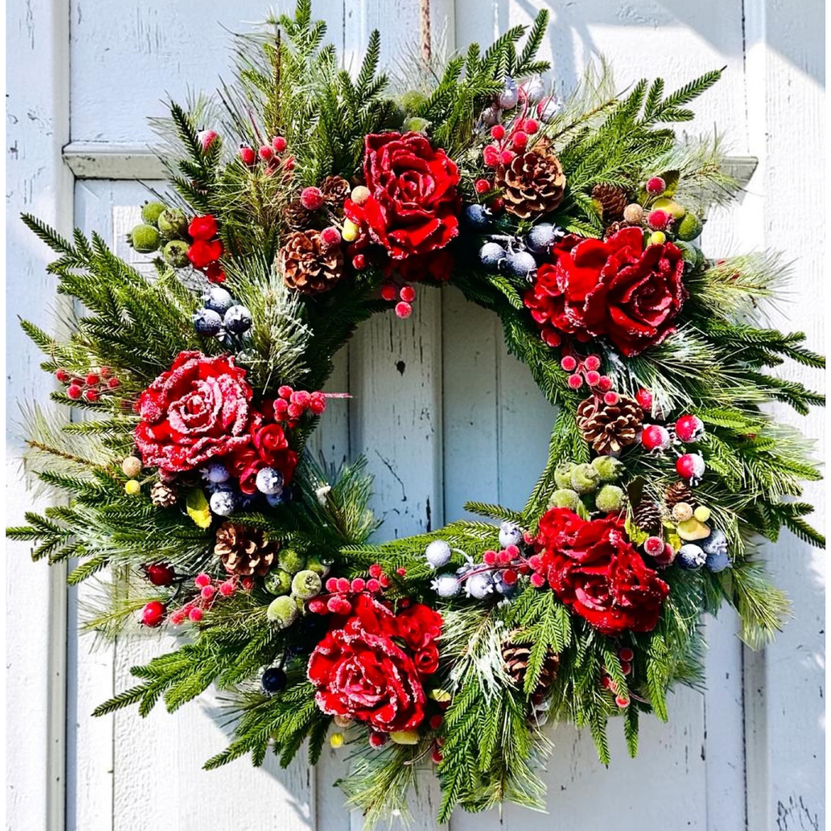 Williamsburg Themed Red Snowy Rose & Mixed Fruit Christmas Wreath | 30" Winter Grapevine Wreath TCT Crafts