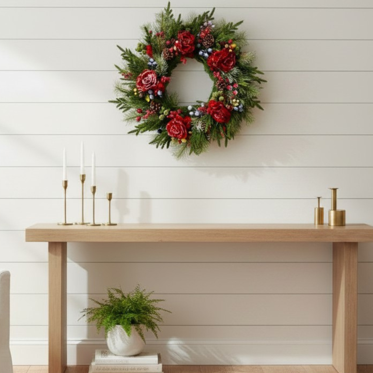 Williamsburg Themed Red Snowy Rose & Mixed Fruit Christmas Wreath | 30" Winter Grapevine Wreath TCT Crafts