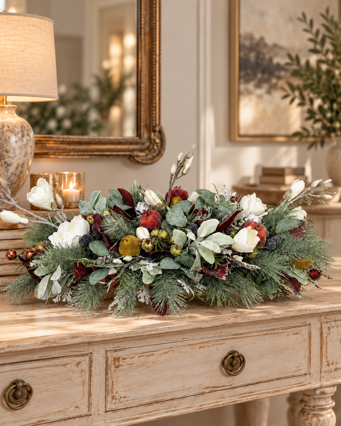 Designer Christmas Centerpiece | Magnolia Pomegranate Pine Arrangement | 34"Lx16"Hx18"W-2200 TCT Crafts Designs & Decor
