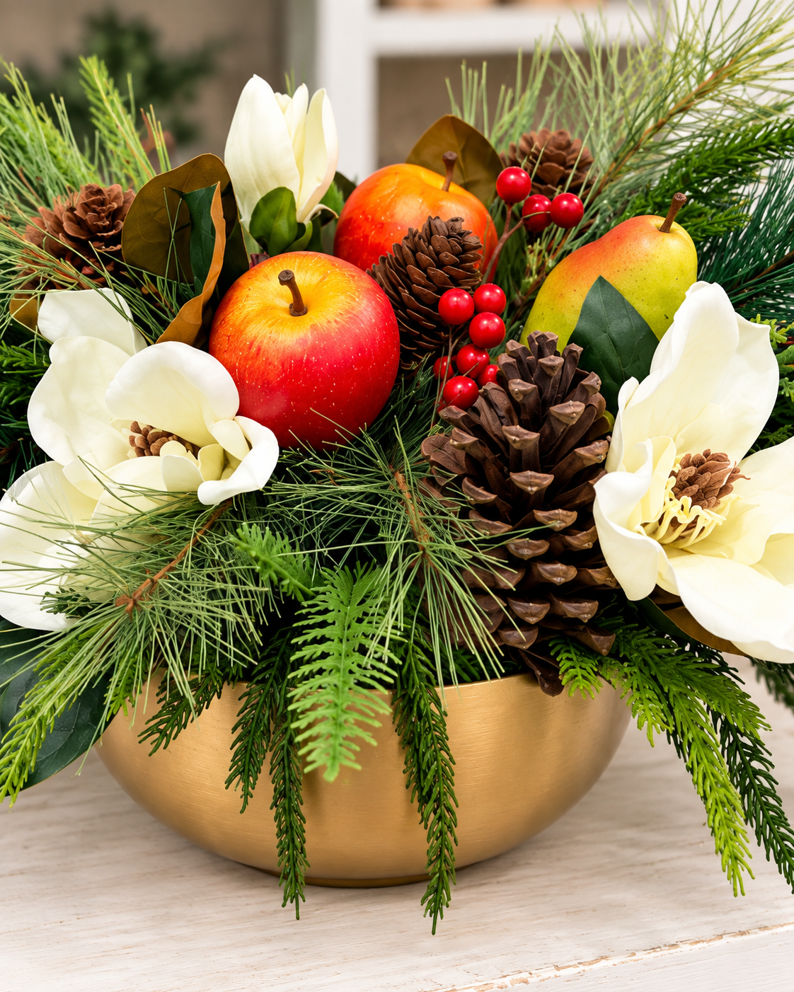 Williamsburg Winter Fruit Magnolia Arrangement - Gold Bowl-2192 TCT Crafts Designs & Decor