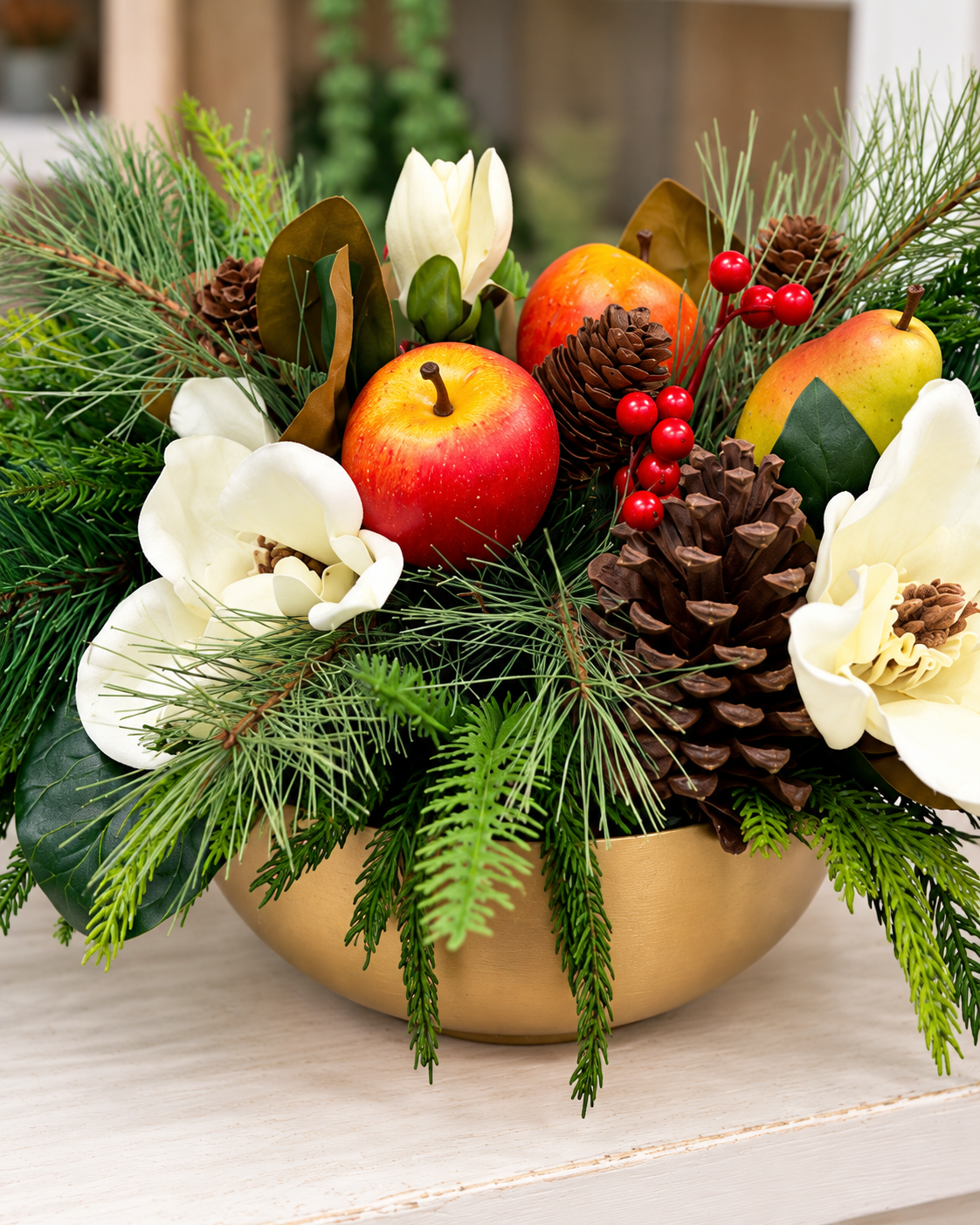 Williamsburg Winter Fruit Magnolia Arrangement - Gold Bowl-2192 TCT Crafts Designs & Decor