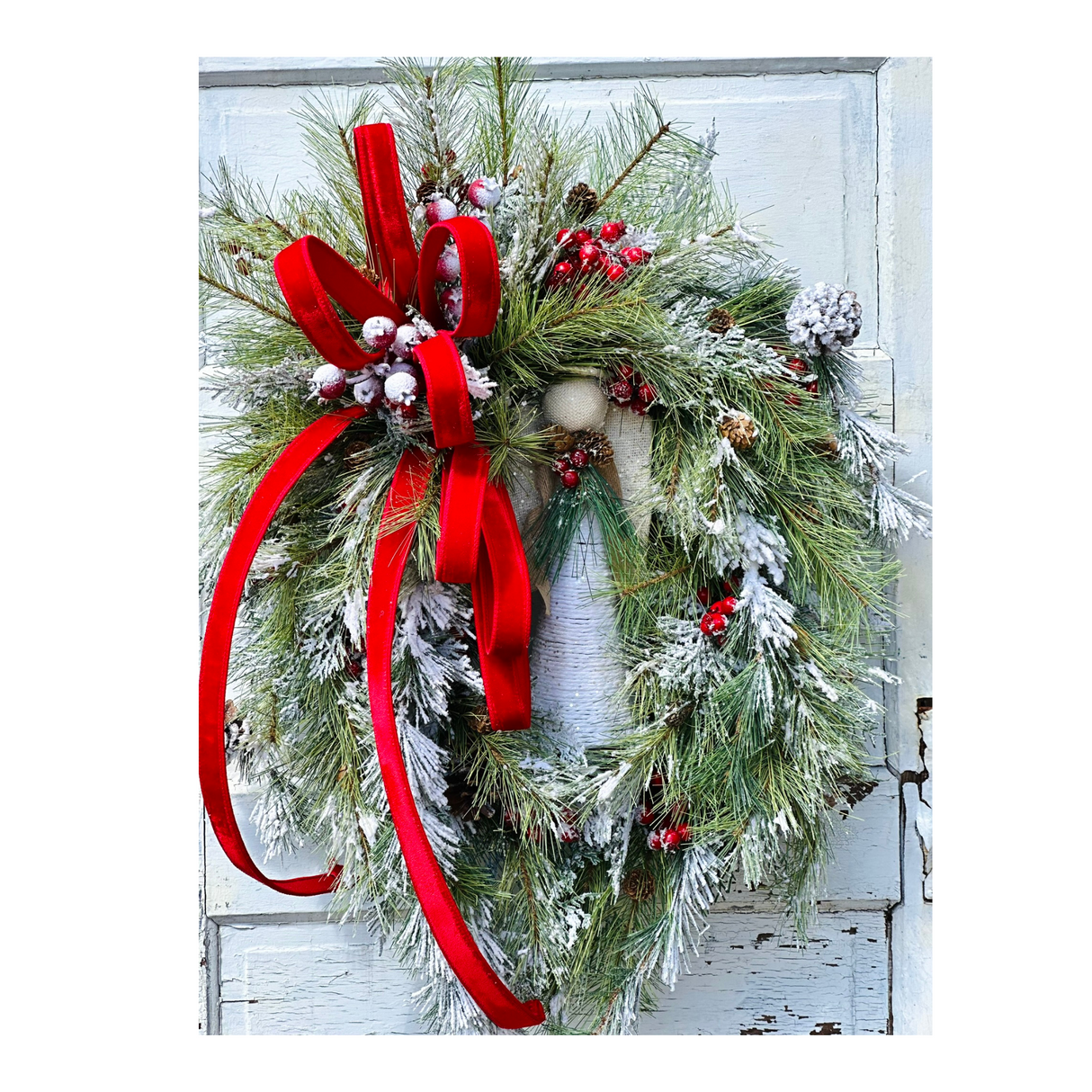 Winter Angel Grapevine Wreath – Elegant 32"x22" Christmas Wreath with Red Velvet Bow & Pine Sprays for Front Door Decor TCT Crafts