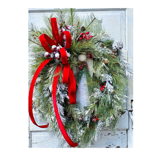 Winter Angel Grapevine Wreath – Elegant 32"x22" Christmas Wreath with Red Velvet Bow & Pine Sprays for Front Door Decor TCT Crafts