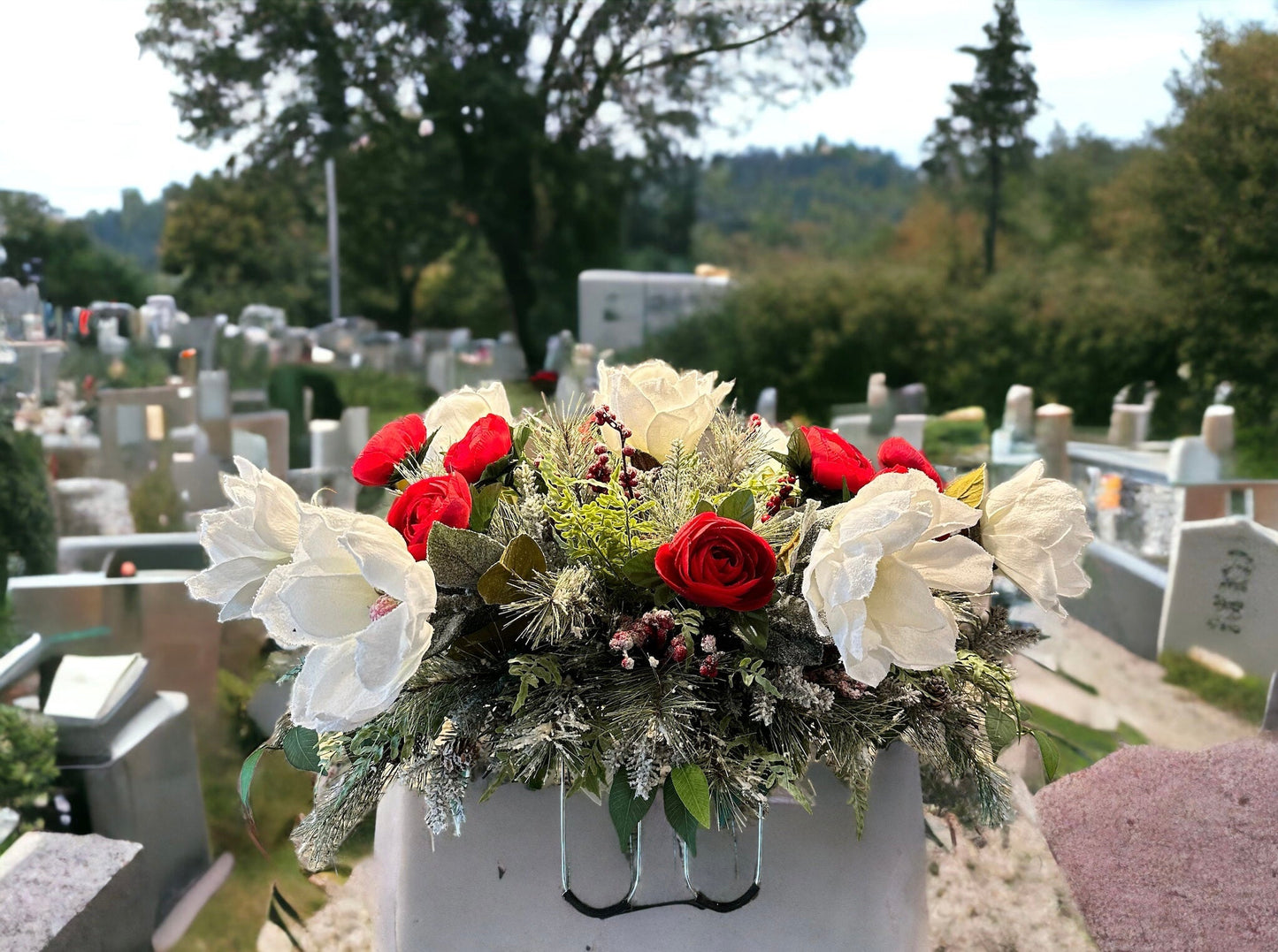 Christmas Cemetery Decoration - Elegant Winter Tombstone Hugger with Red and White Flowers - Memorial Floral Arrangement by TCT Crafts TCT Crafts