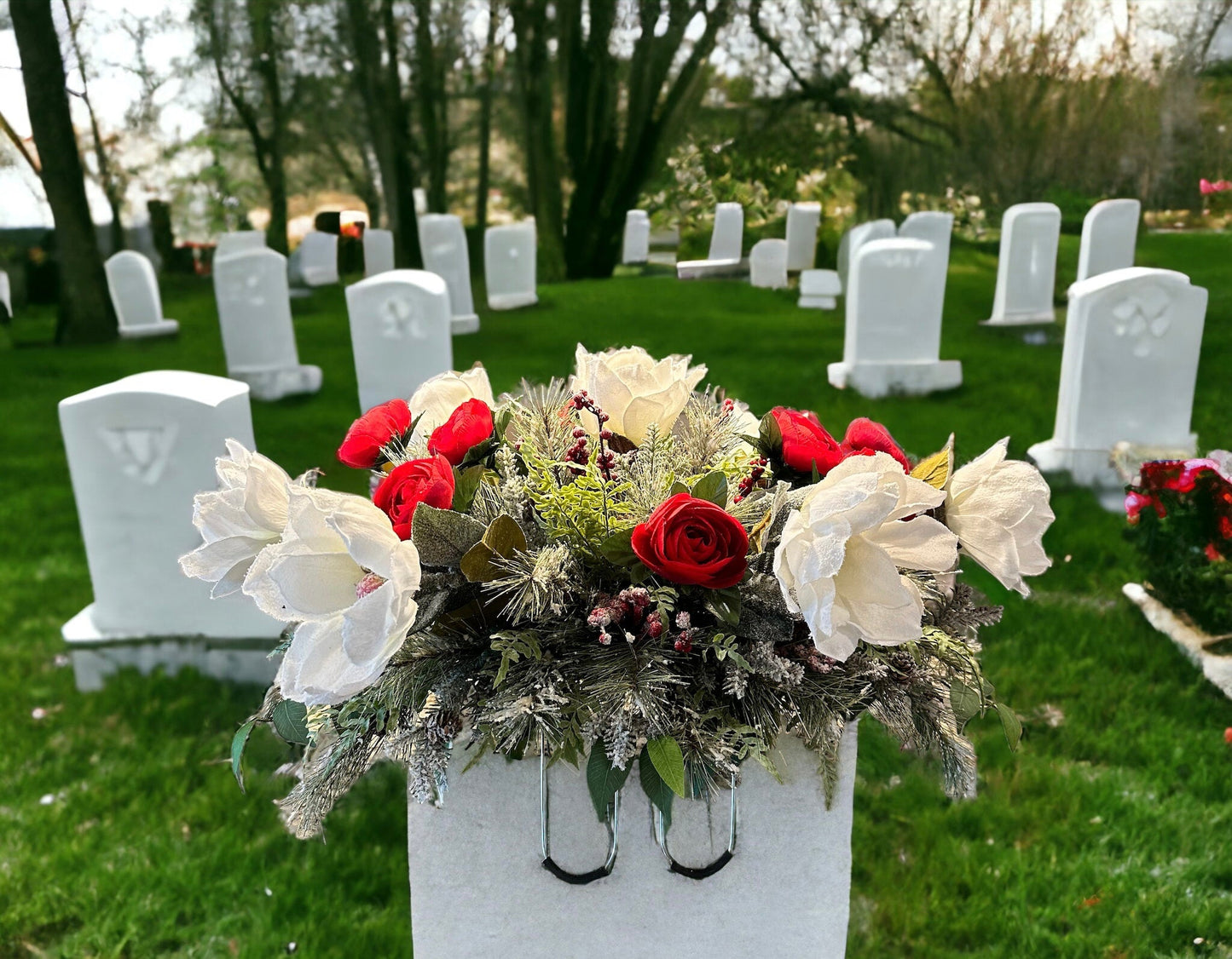 Christmas Cemetery Decoration - Elegant Winter Tombstone Hugger with Red and White Flowers - Memorial Floral Arrangement by TCT Crafts TCT Crafts