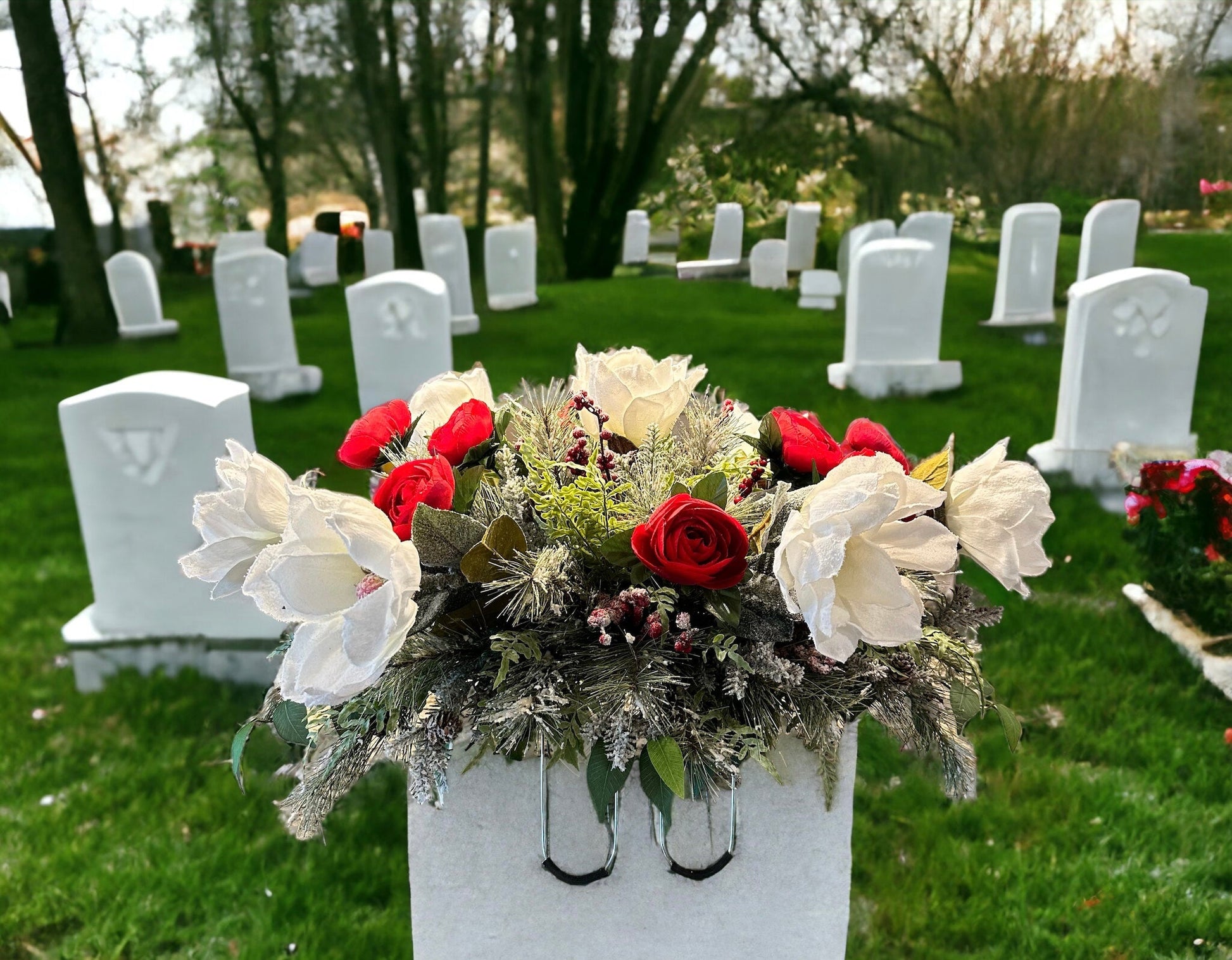 Christmas Cemetery Decoration - Elegant Winter Tombstone Hugger with Red and White Flowers - Memorial Floral Arrangement by TCT Crafts TCT Crafts