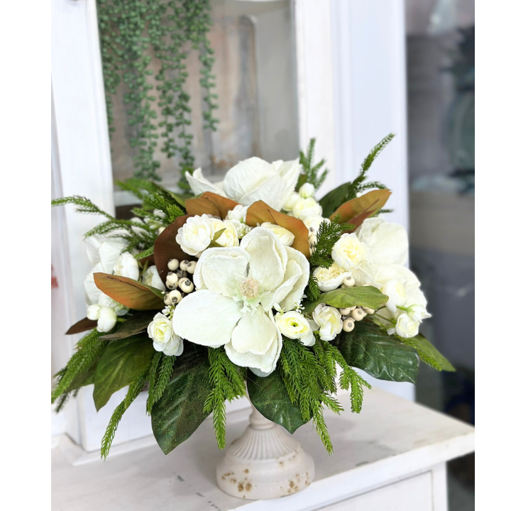 Frosted Magnolia & Peony Arrangement - 18"x20" Winter Wedding or Elegant Home Decor