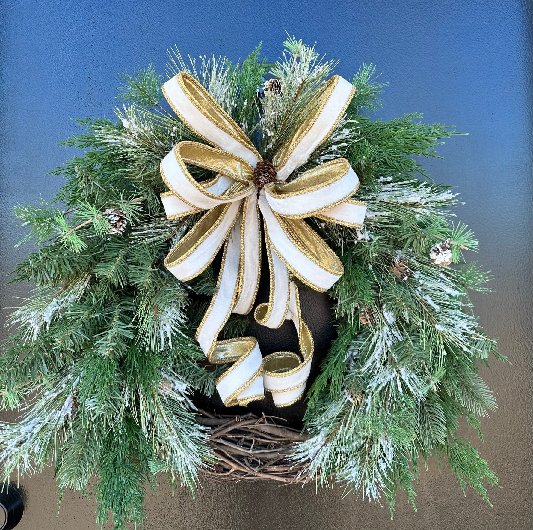 Elegant Winter Artificial Pine Grapevine Wreath - Holiday Door Decor with White Velvet and Gold Bow - Festive Home Decoration- TCT Crafts TCT Crafts